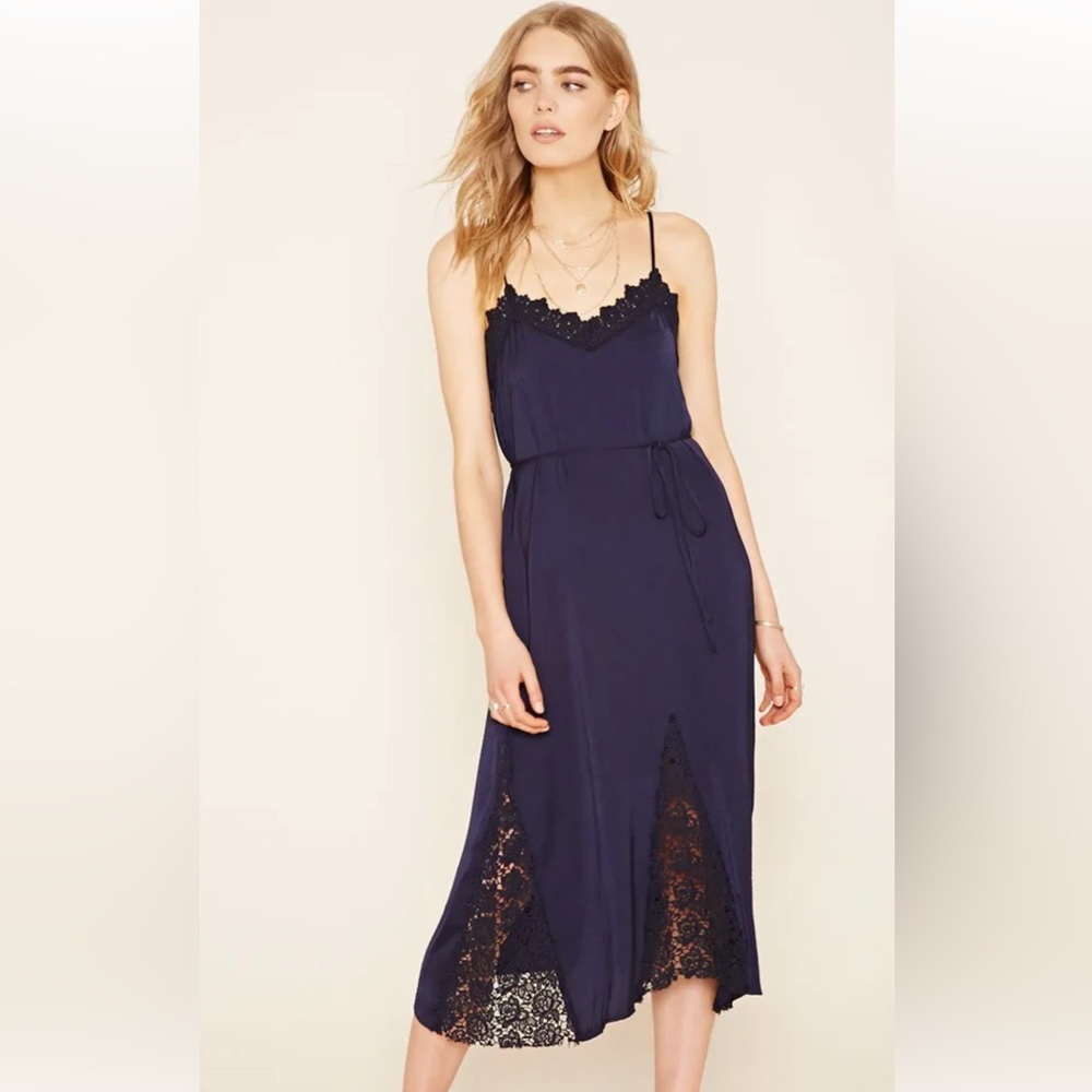 Elegant dark blue Lace Trim Dress